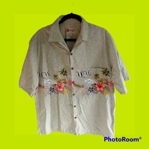 Vtg Hilo Hattie Hawaiian Shirt Button Down XL Beige Floral‎ Made In Hawaii